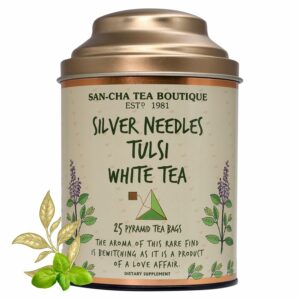 Sancha Tea Boutique Tulsi White Tea 25 Pyramid Bags Indian Holy Basil Leaves with Silver Needle White Tea