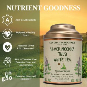 Sancha Tea Boutique Tulsi White Tea 25 Pyramid Bags Indian Holy Basil Leaves with Silver Needle White Tea
