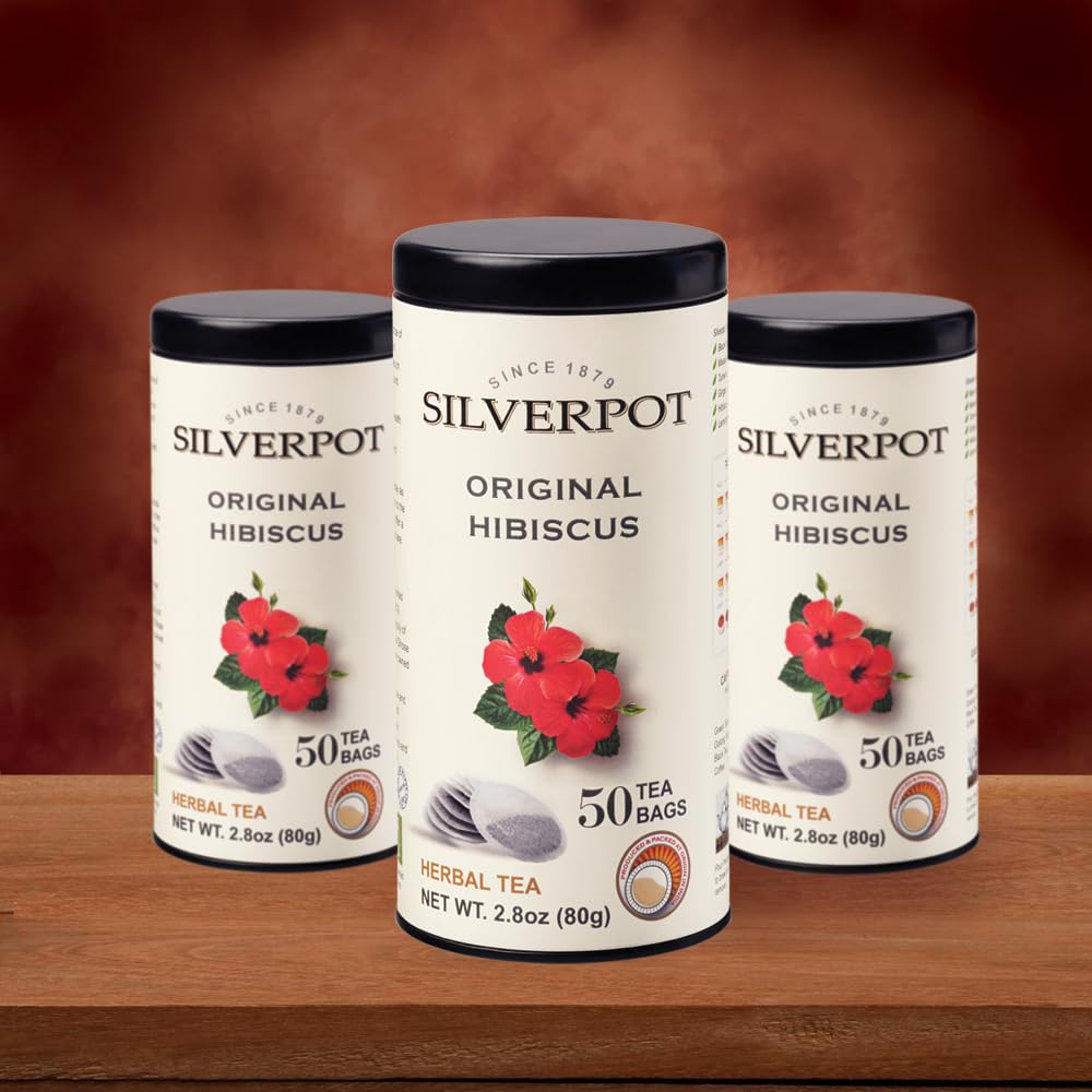 Silverpot Original Hibiscus 50 Round Tea Bags 100% Natural Caffeine Free Reusable Tin