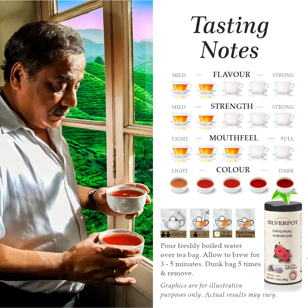 Silverpot Original Hibiscus 50 Round Tea Bags 100% Natural Caffeine Free Reusable Tin