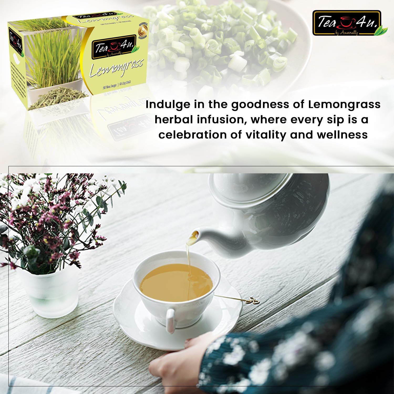 TEA 4U. BY ANVERALLY Lemongrass Herbal Tea Bags 25 Count Caffeine Free