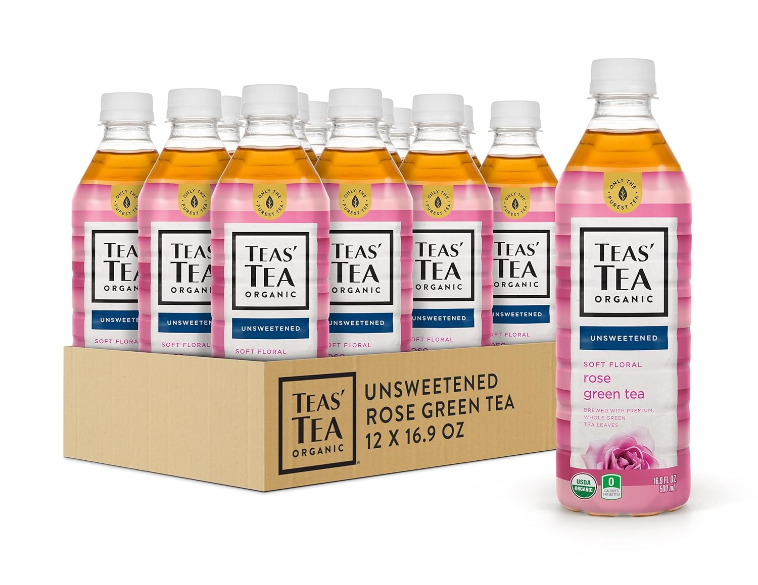 Teas' Tea Unsweetened Rose Green Tea 16.9 Ounce Pack of 12 Organic Sugar Free 0 Calories