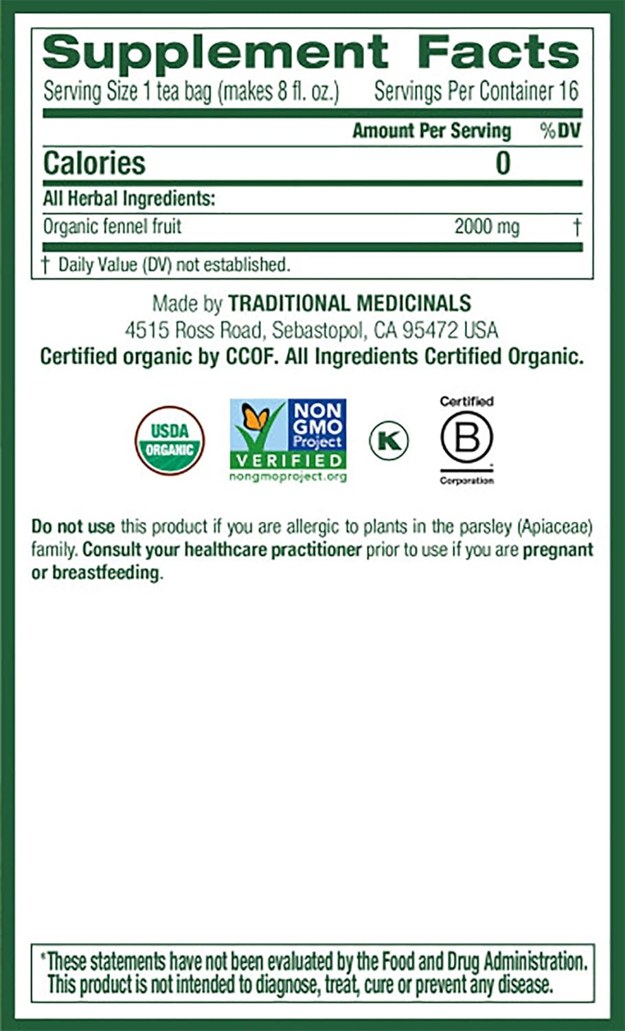 Traditional Medicinals Organic Fennel Herbal Tea Pack of 2 32 Tea Bags Total