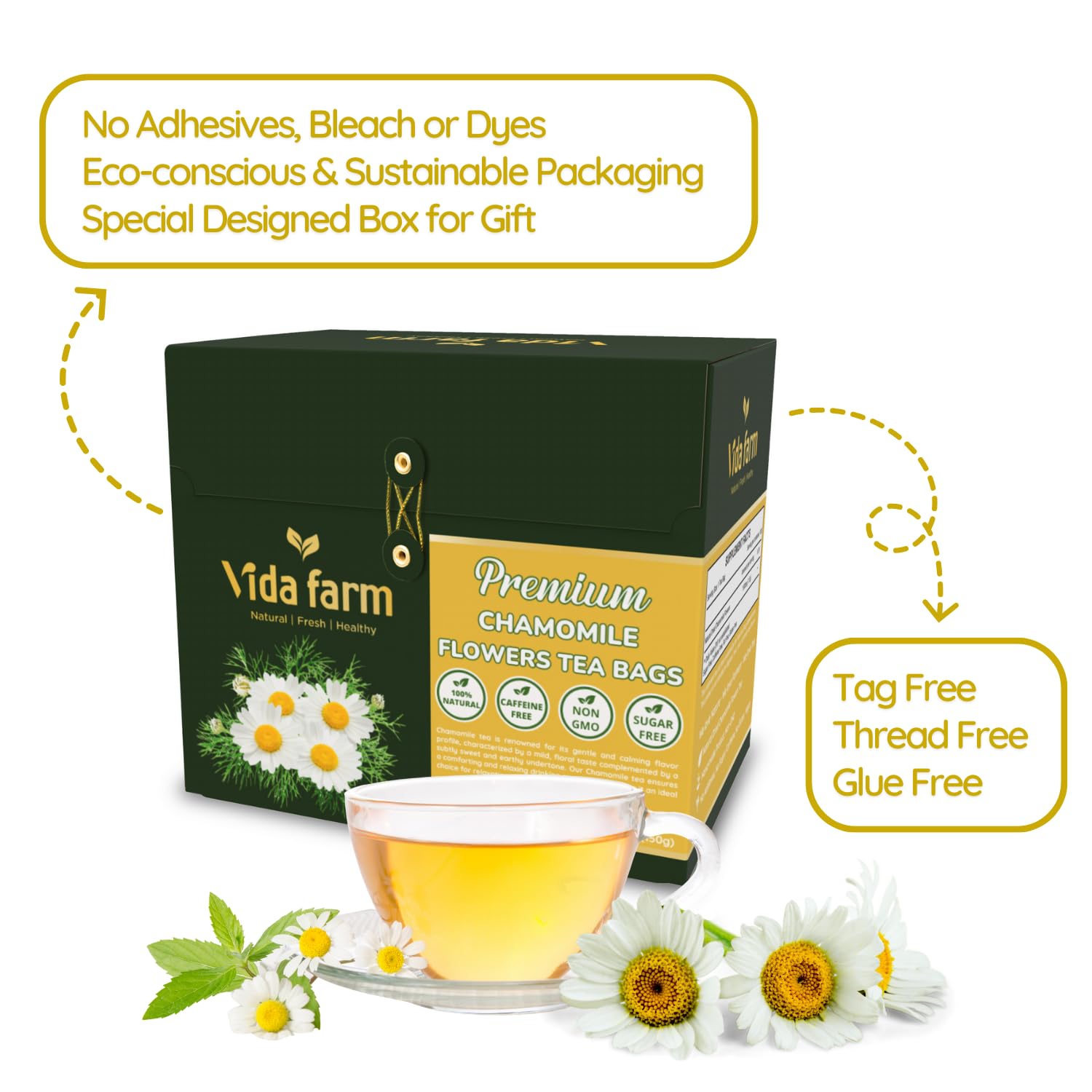 VIDA FARM Chamomile Tea Bags Natural Chamomile Flowers 100 Tea Bags