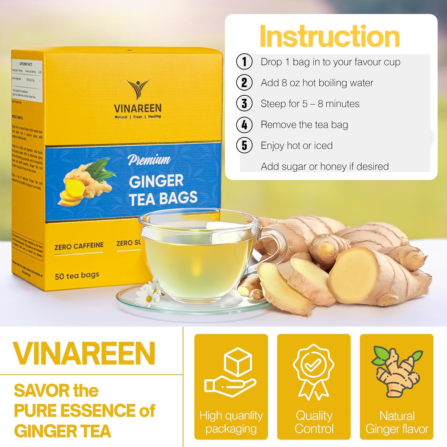 VINAREEN Ginger Tea Bags 50 Count Pure & Strong Tea Ginger Caffeine Free