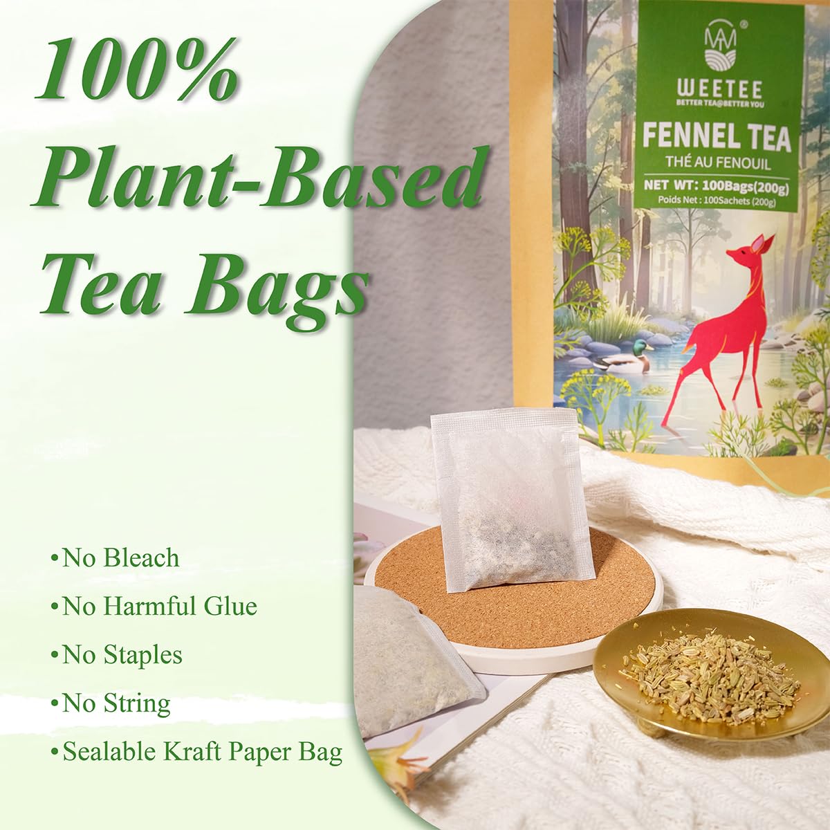 WT WEETEE Fennel Tea Bags 100 Count 100% Natural & Pure Fennel Seeds Tea