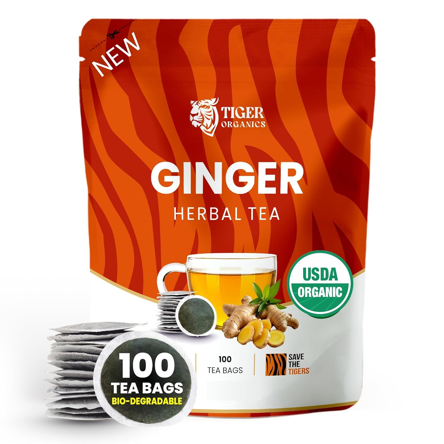Tiger Organics Ginger Herbal Tea 100 Biodegradable Teabags Natural Immunity Booster & Healthy Digestion