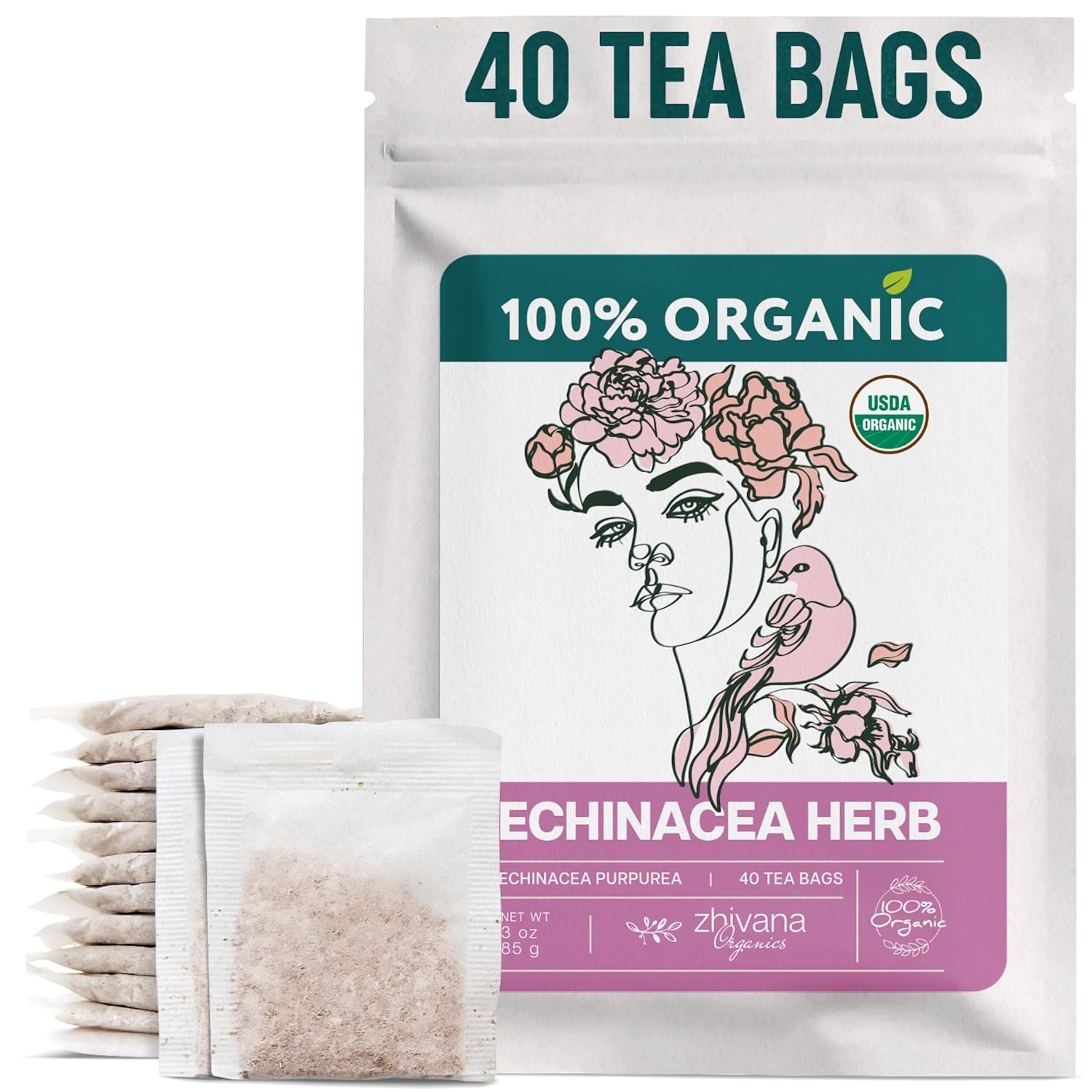 Echinacea Tea Organic 40 Tea Bags 100% Pure Natural Immunity Support Caffeine Free