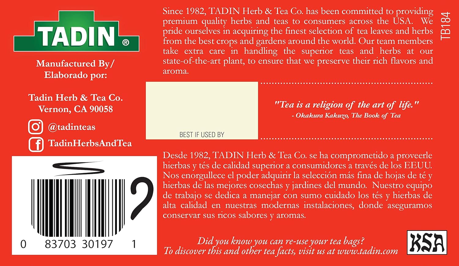 Tadin Turmeric Blend Herbal Tea 24 Tea Bags Per Box Pack of 6