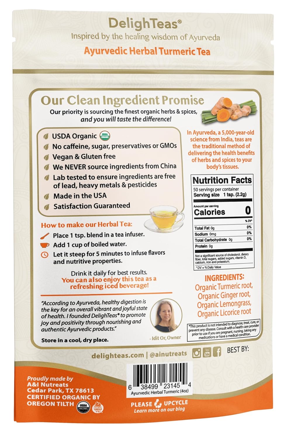 DelighTeas Organic Turmeric Ginger Tea for Joint Immune & Digestive Support 50 Servings