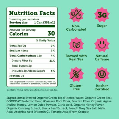 Halfday Prebiotic Green Tea With Honey & Ginseng 12 Fl Oz Can