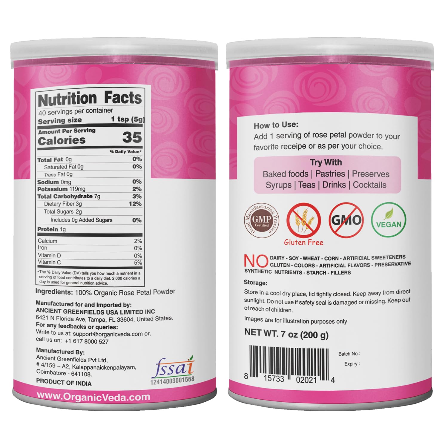 Organic Veda Edible Rose Petal Powder Organic Rose Petal Powder for Cooking Herbal Tea 7oz