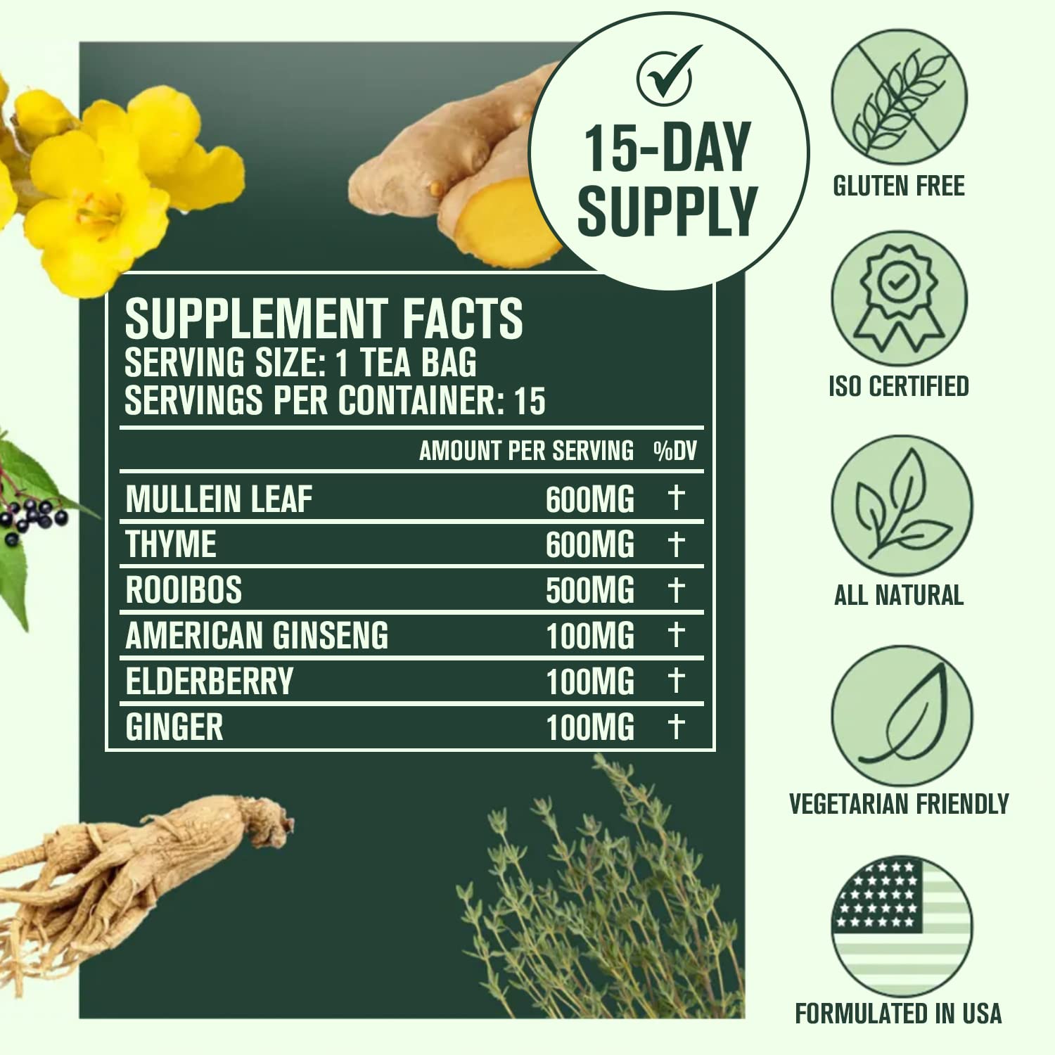 Betterbrand Mullein Tea Bags for Lungs Herbal Tea for Respiratory Support Caffeine Free 15 Teabags