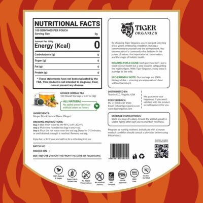 Tiger Organics Ginger Herbal Tea 100 Biodegradable Teabags Natural Immunity Booster & Healthy Digestion