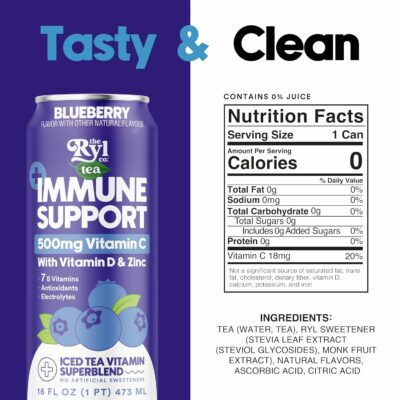 Ryl Immune Support Tea Blueberry 500mg Vitamin with Vitamin D & Zinc 16.0 Fl Oz 12 Pack