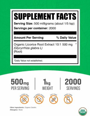 BulkSupplements.com Organic Licorice Root Extract Powder 500mg per Serving 1kg Pack of 1