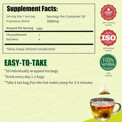 Eastrue Organic Goji Berry & Chrysanthemum Herbal Tea 50 Tea Bags Support Kidney and Liver Cleanse Detox & Repair