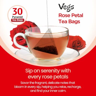 VEGS Rose Petal Tea 100% Pure Real Red Rose 2.5g x 30 Pyramid Tea Bags Caffeine & Sugar Free