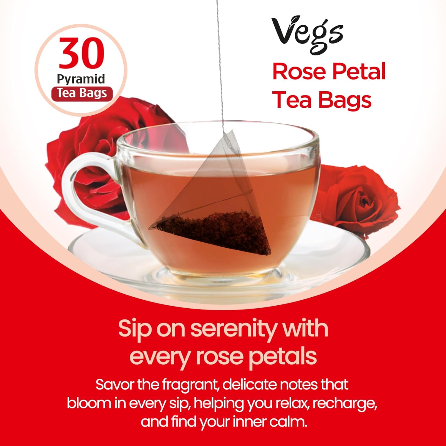 VEGS Rose Petal Tea 100% Pure Real Red Rose 2.5g x 30 Pyramid Tea Bags Caffeine & Sugar Free