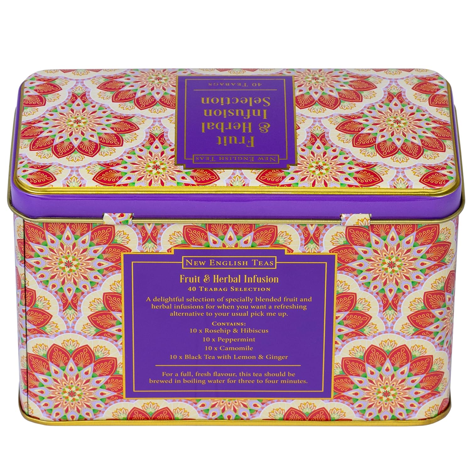 New English Teas Fruit and Herbal Tea in Tin with 40 Teabags Rosehip & Hibiscus Peppermint Chamomile & Black Tea with Lemon & Ginger