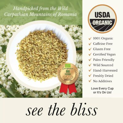 Wild Bliss Organic Elderflower Tea Immune and Respiratory Support Caffeine Free Loose Leaf 24 Servings