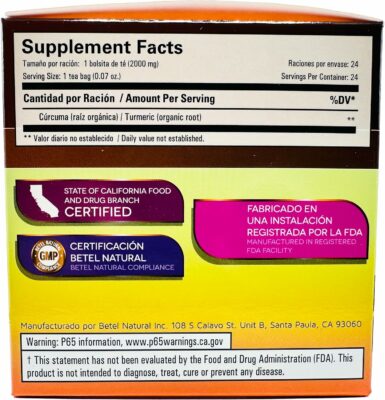 Betel Natural Curcuma Turmeric Tea Inflammation Support 24 Tea Bags