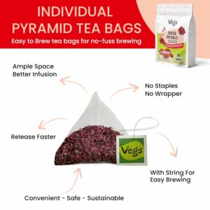 VEGS Rose Petal Tea 100% Pure Real Red Rose 2.5g x 30 Pyramid Tea Bags Caffeine & Sugar Free