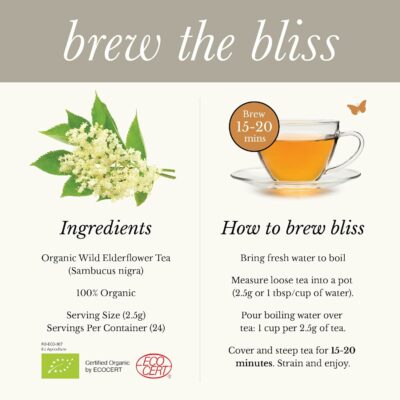 Wild Bliss Organic Elderflower Tea Immune and Respiratory Support Caffeine Free Loose Leaf 24 Servings