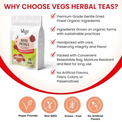 VEGS Rose Petal Tea 100% Pure Real Red Rose 2.5g x 30 Pyramid Tea Bags Caffeine & Sugar Free