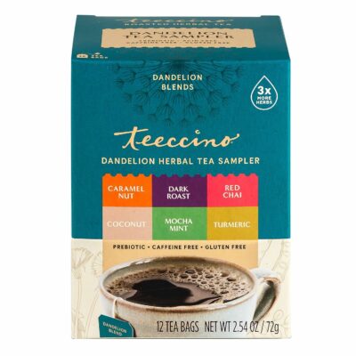 Teeccino Dandelion Tea Sampler Caramel Nut Coconut Dark Roast Mocha Mint Red Chai Turmeric Roasted Herbal Tea 12 Tea Bags