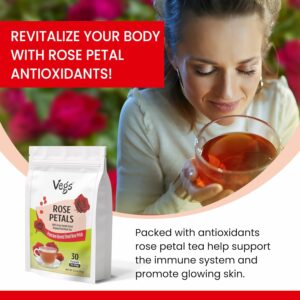 VEGS Rose Petal Tea 100% Pure Real Red Rose 2.5g x 30 Pyramid Tea Bags Caffeine & Sugar Free
