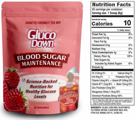 GLUCODOWN Delicious Raspberry Tea Mix Blood Sugar & Cholesterol 45 Servings