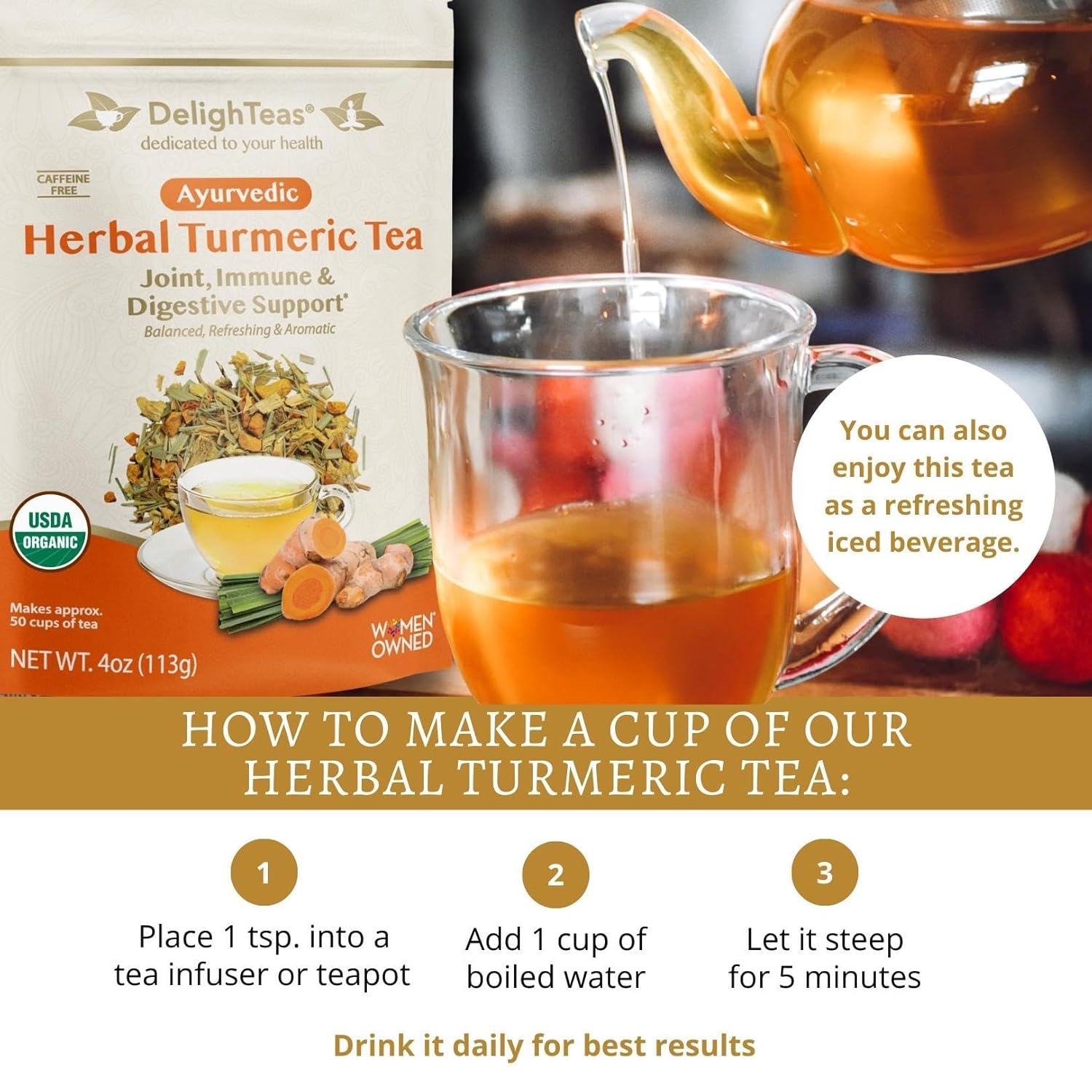 DelighTeas Organic Turmeric Ginger Tea for Joint Immune & Digestive Support 50 Servings