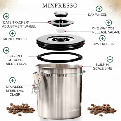 16 Oz Coffee Canister with Scoop Stainless Steel Air tight Jar Tea Storage