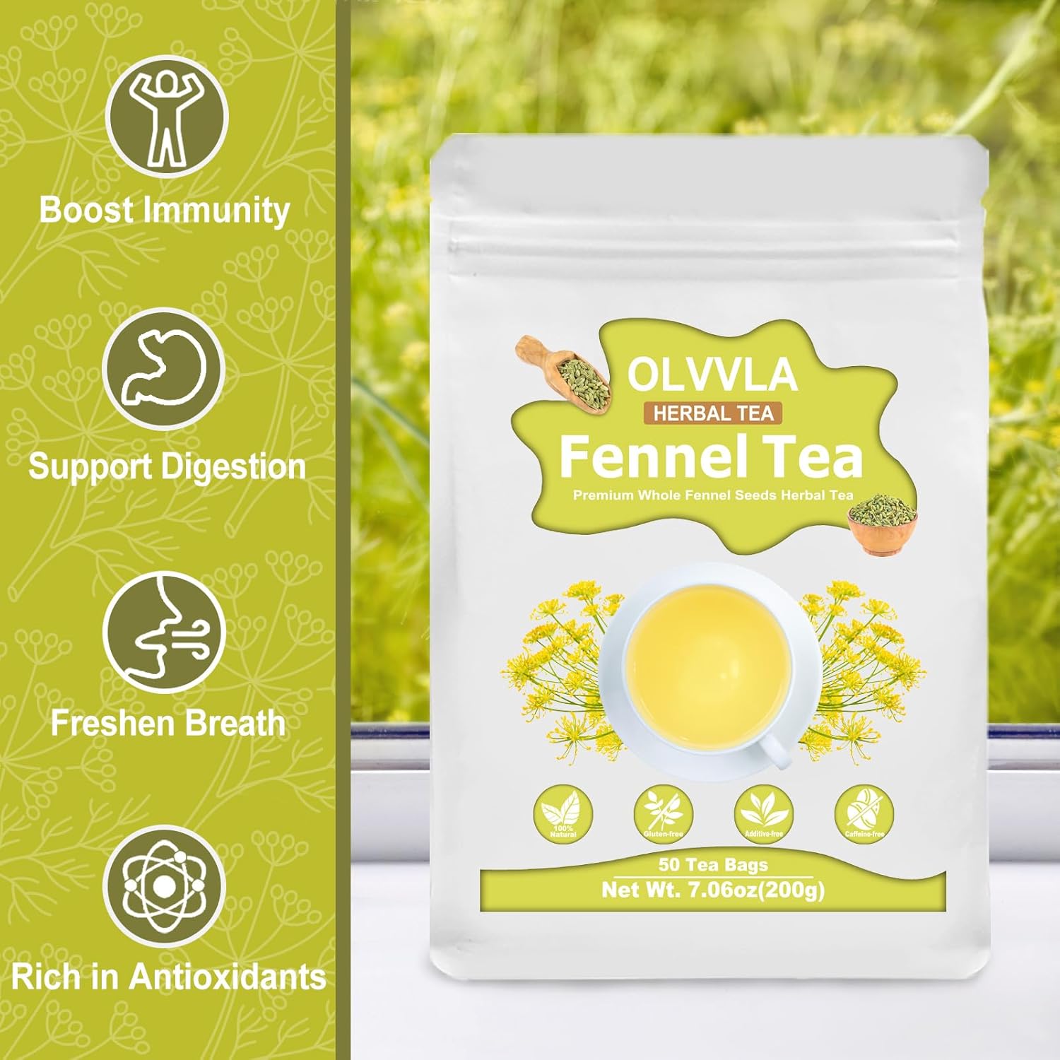 Olvvla Premium Fennel Tea Bags 4g X 50 Count 100% Pure Natural Whole Fennel Seeds Caffeine free