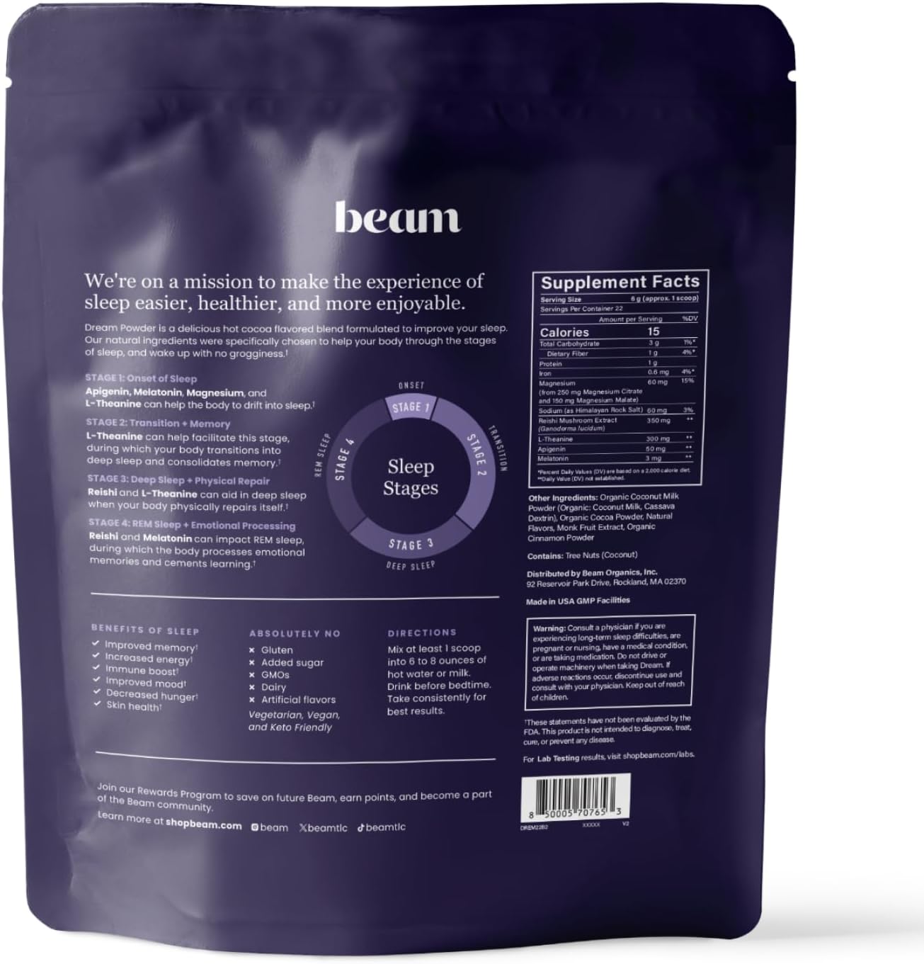 Beam Dream Sleep Powder Natural Sleep Support 22 Servings