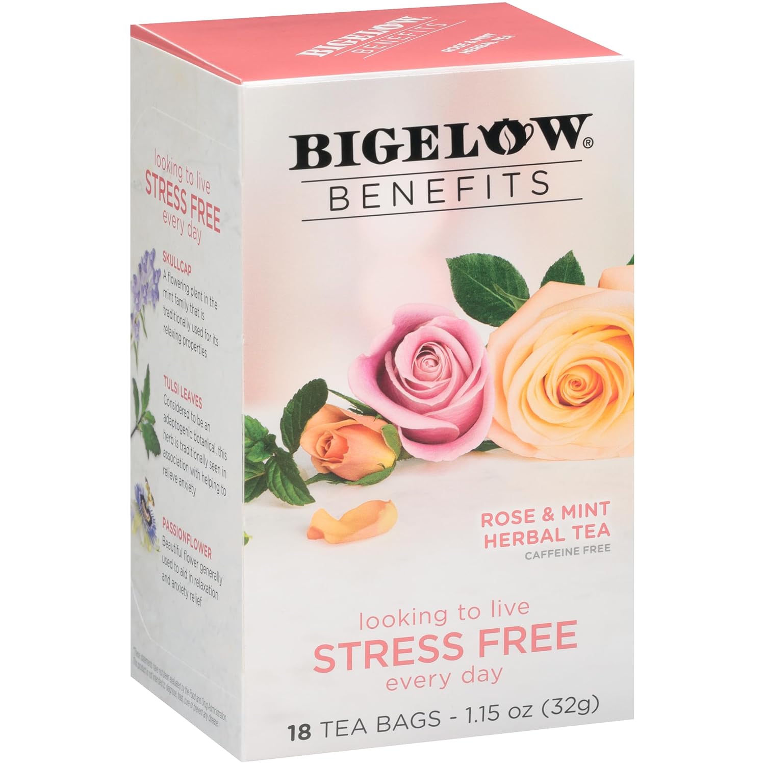 Bigelow Benefits Stress Free Rose & Mint Herbal Tea Caffeine Free 18 Count Pack of 6