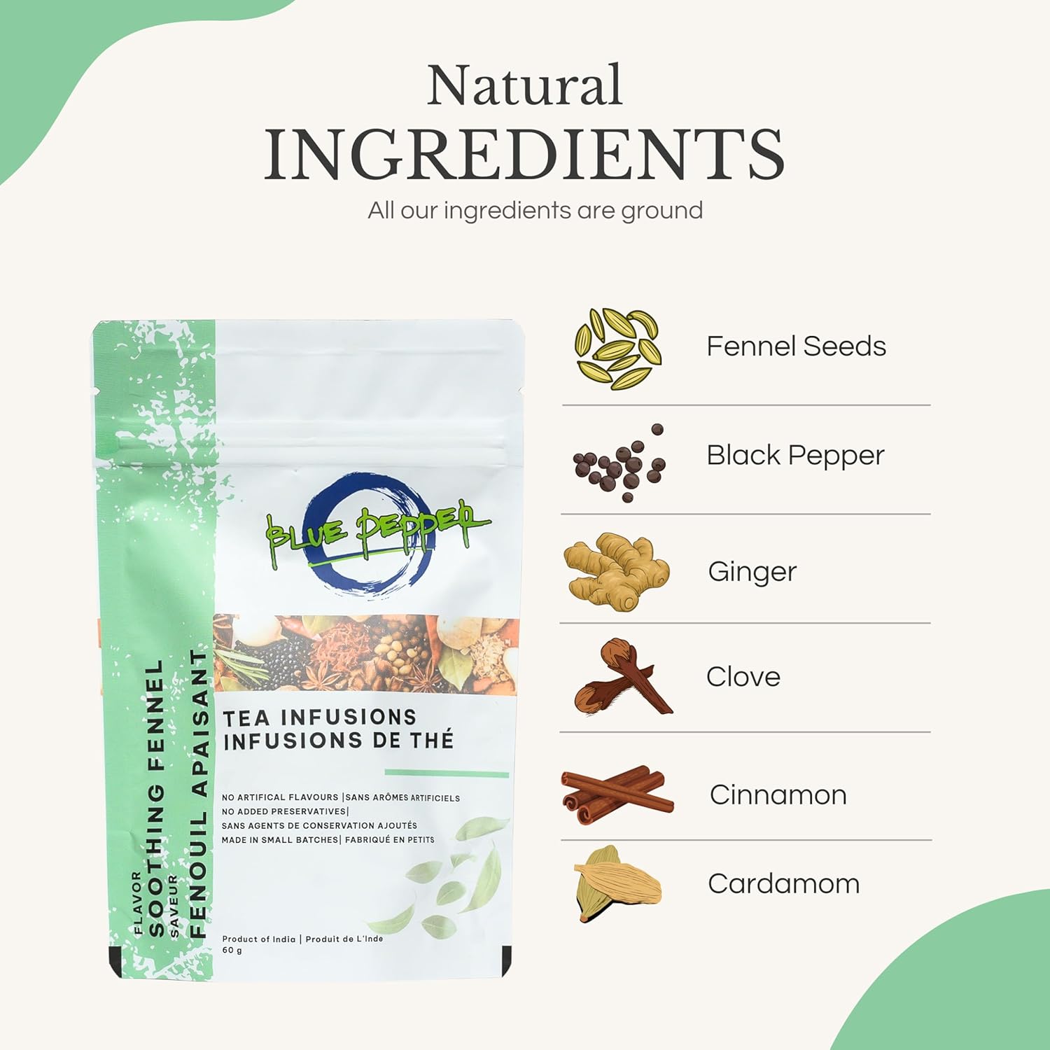 Blue Pepper Soothing Fennel Herbal Tea Blend Natural Tea Infusion 60g Caffeine Free