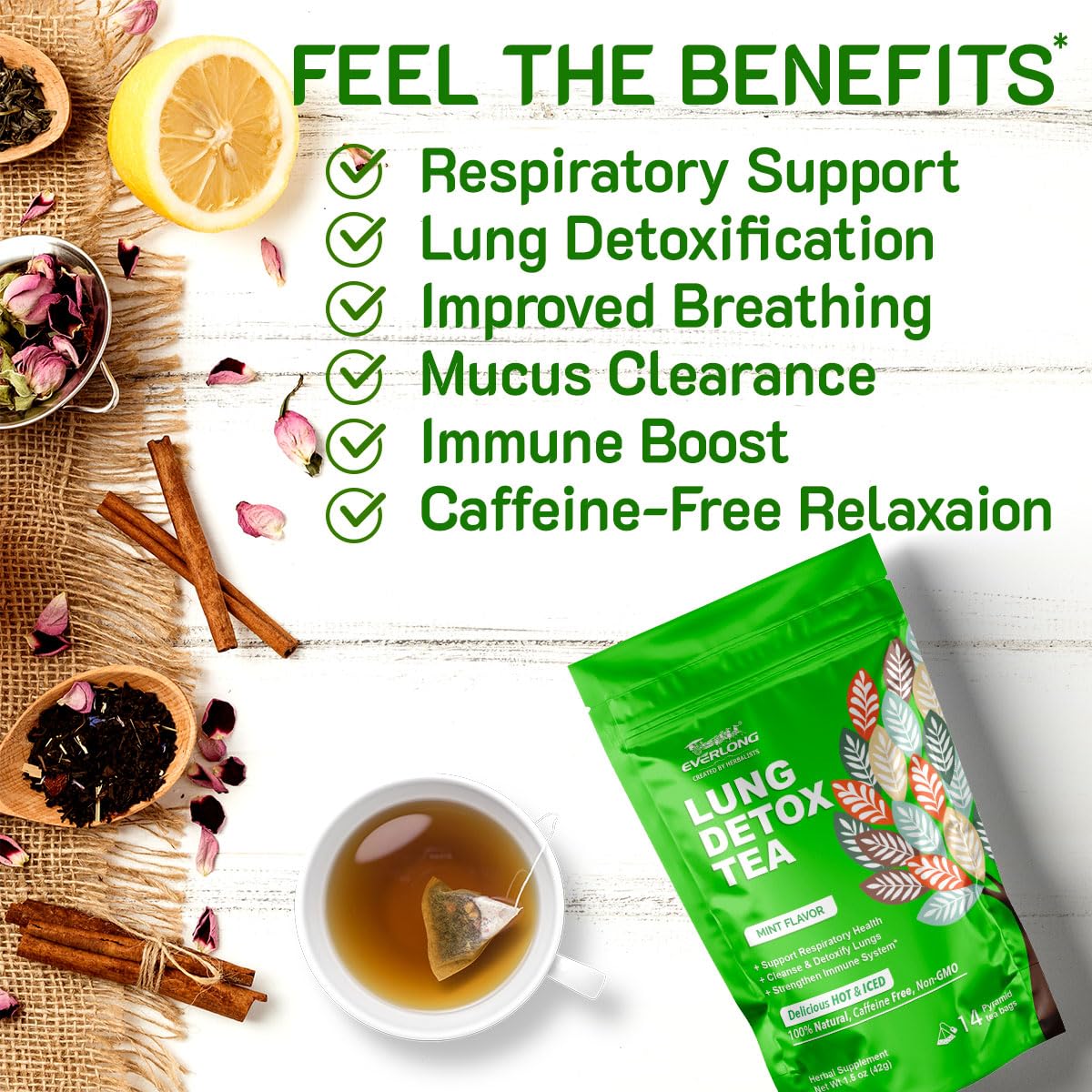 EVERLONG Lung Detox Tea 14 Herbal Tea Bags All Natural Caffeine Free