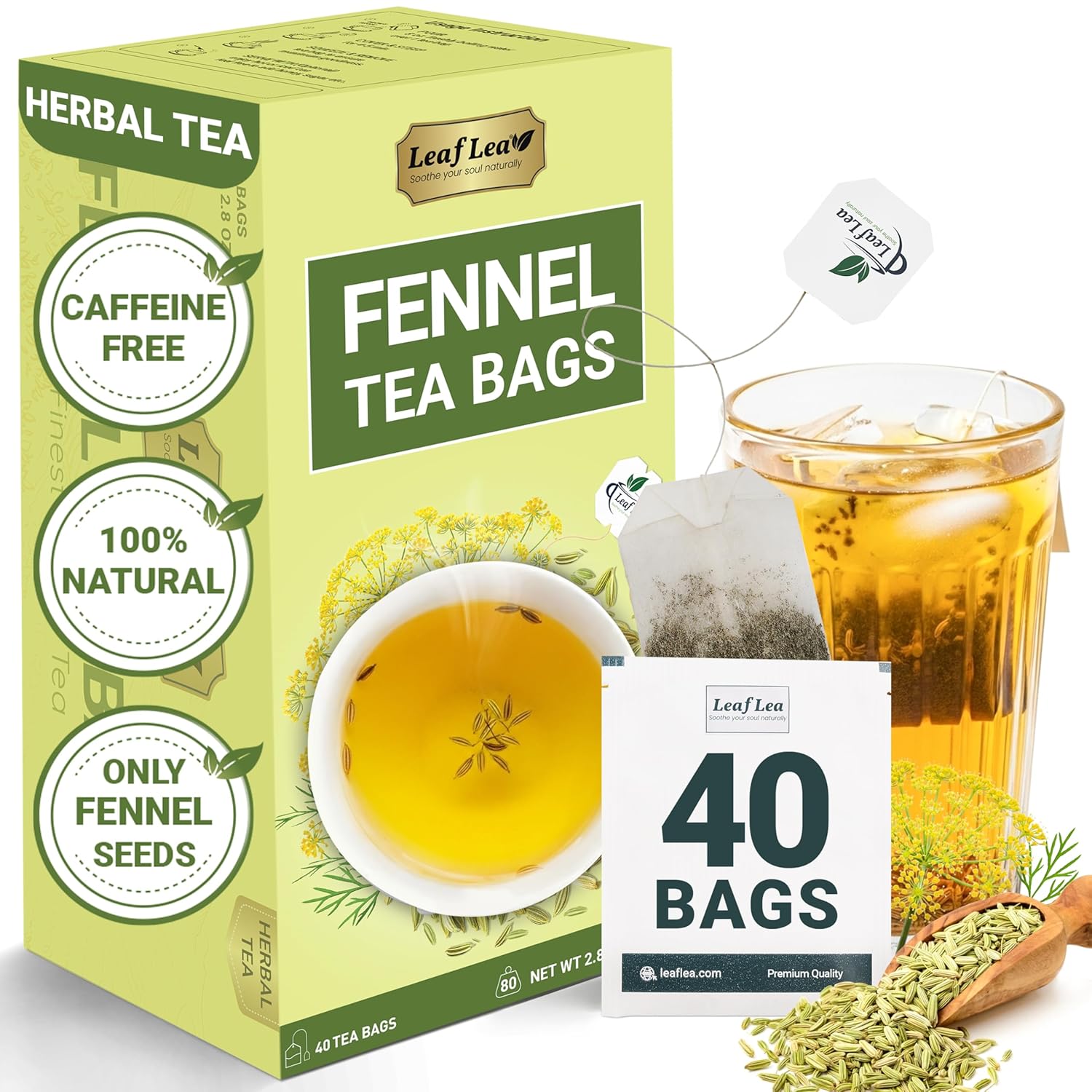LeafLea 40 Premium Fennel Tea Bags Pure Dried Fennel Seed Tea Naturally Sweet Taste Caffeine Free