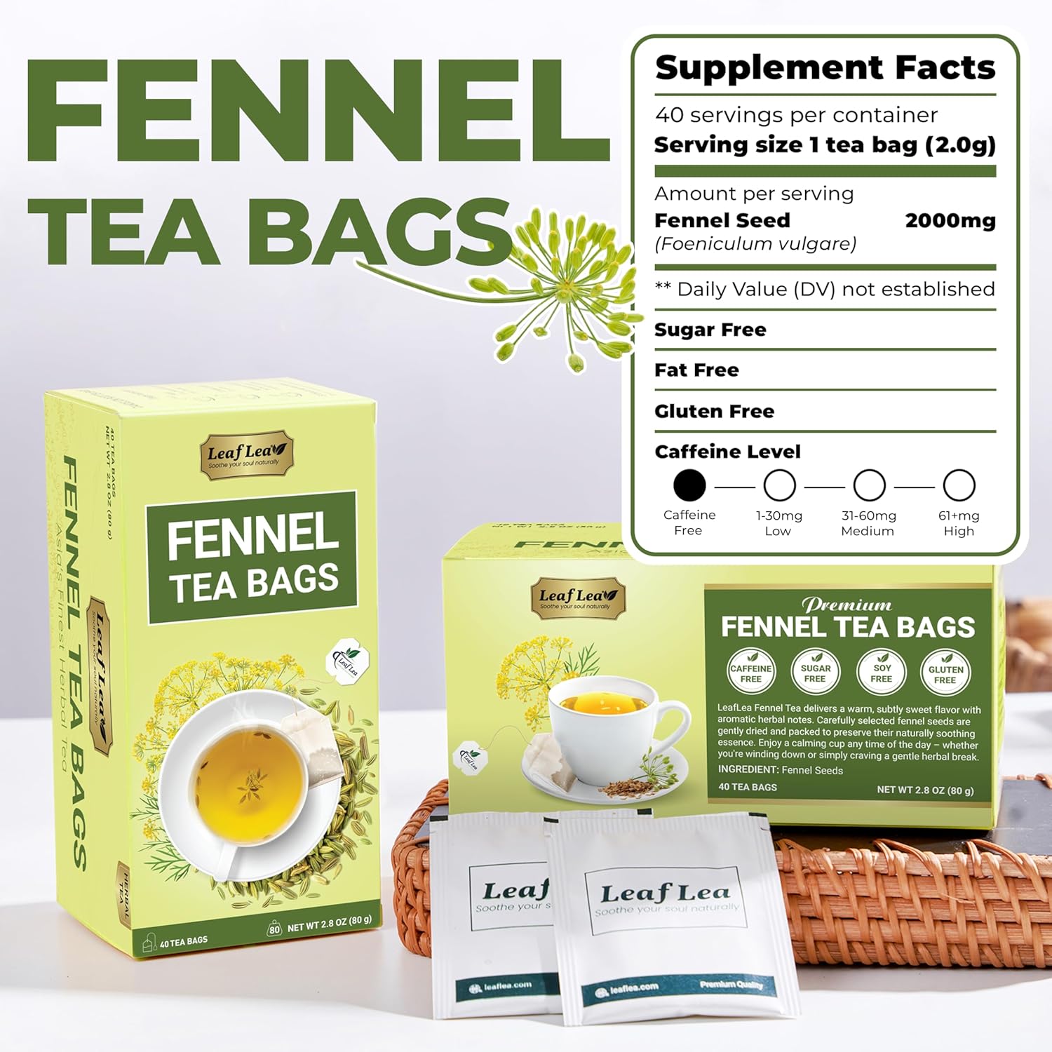 LeafLea 40 Premium Fennel Tea Bags Pure Dried Fennel Seed Tea Naturally Sweet Taste Caffeine Free