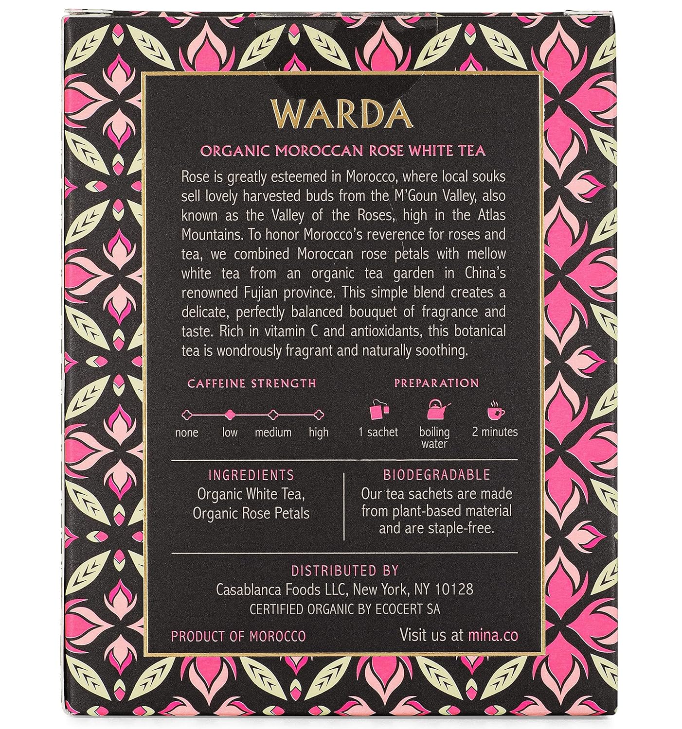 Mina Warda Organic Moroccan Rose White Tea 15 Biodegradable Sachets