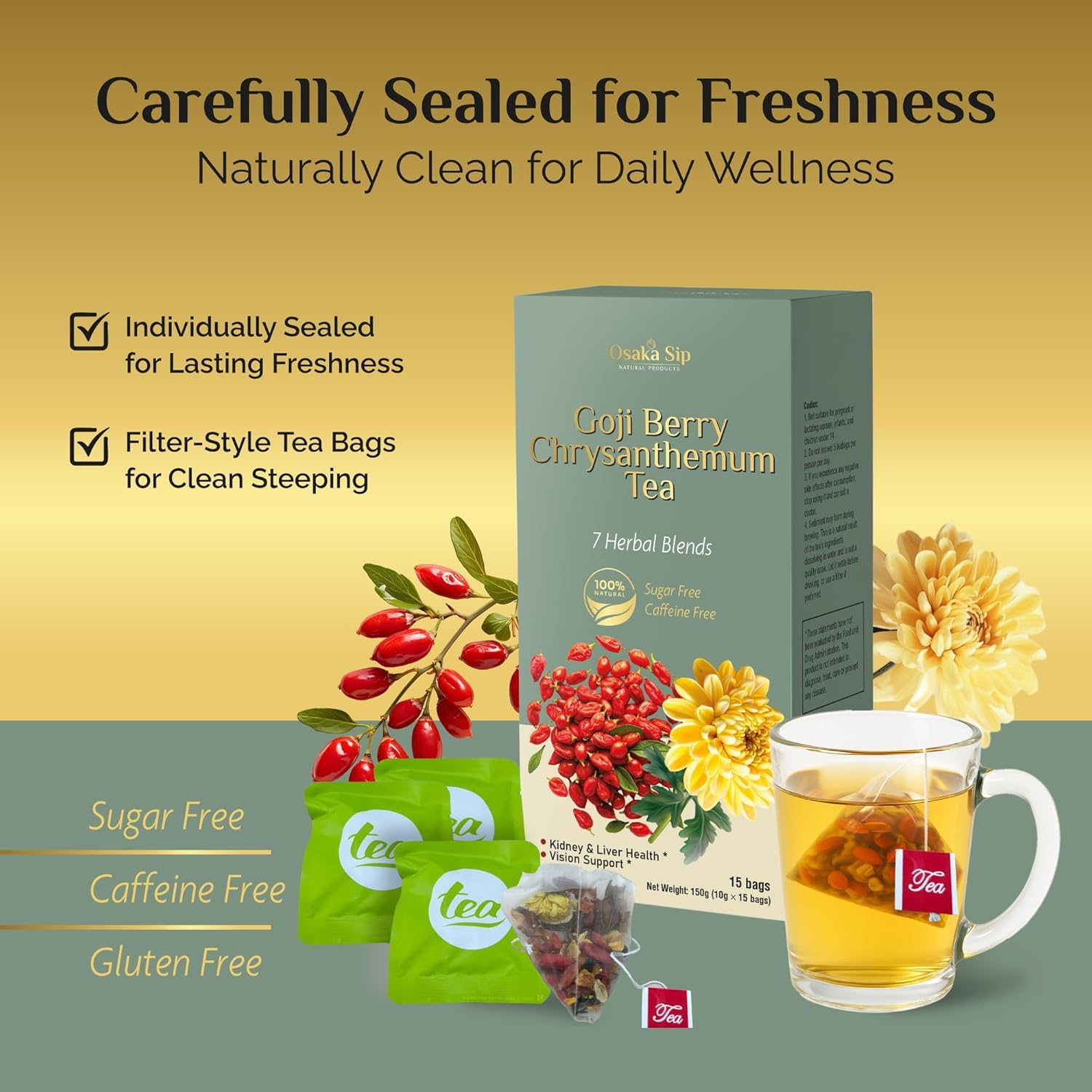 OsakaSip Goji Berry Chrysanthemum Tea Bags Natural Liver Detox Cleanse Kidney Health 150g 15 teabags
