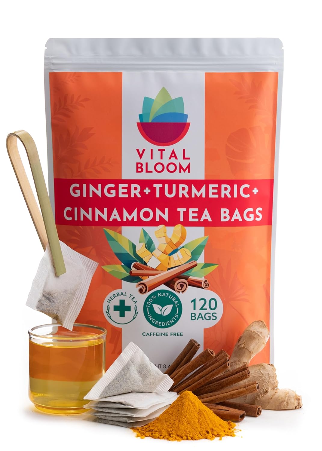 Vital Bloom 120 Tea Bags Ginger Turmeric Cinnamon Tea 100% Natural Ingredients