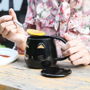 Cat Mug Cute Coffee Mug gifts Novelty Mug with Lid and Stainless Steel Spoon