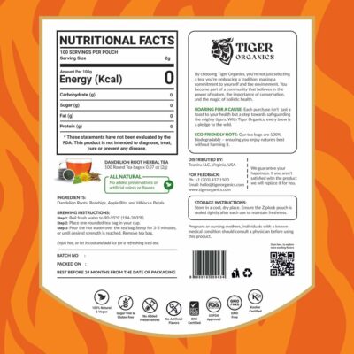 Tiger Organics Dandelion Root Tea Supports Liver Cleansing & Improves Kidney Function 100 Teabags