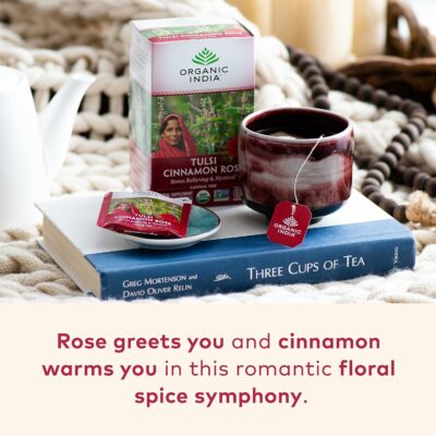 ORGANIC INDIA Tulsi Cinnamon Rose Tea Bags Tulsi Rose Cinnamon with Holy Basil, Chamomile Stevi 18 Infusion Bags 1 Pack