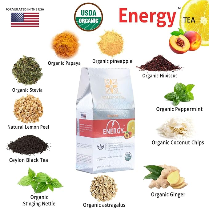 Secrets of Tea Herbal Energy Tea Organic Black Tea with Natural Caffeine