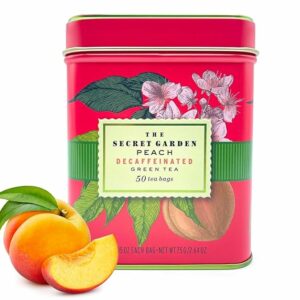 Premium Decaf Peach Herbal Green Tea Bags 50 Pack Designer Tin 50 Teabags
