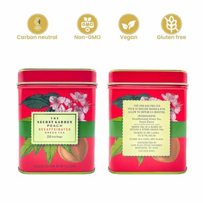 Premium Decaf Peach Herbal Green Tea Bags 50 Pack Designer Tin 50 Teabags